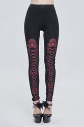 Black/Red Printed Decoration Tie Rope Elasticity Women's Gothic Leggings